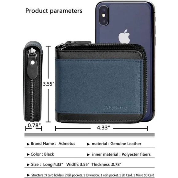 New Men's Genuine Leather Short Zip-around Bifold Wallet - Picture 5 of 7